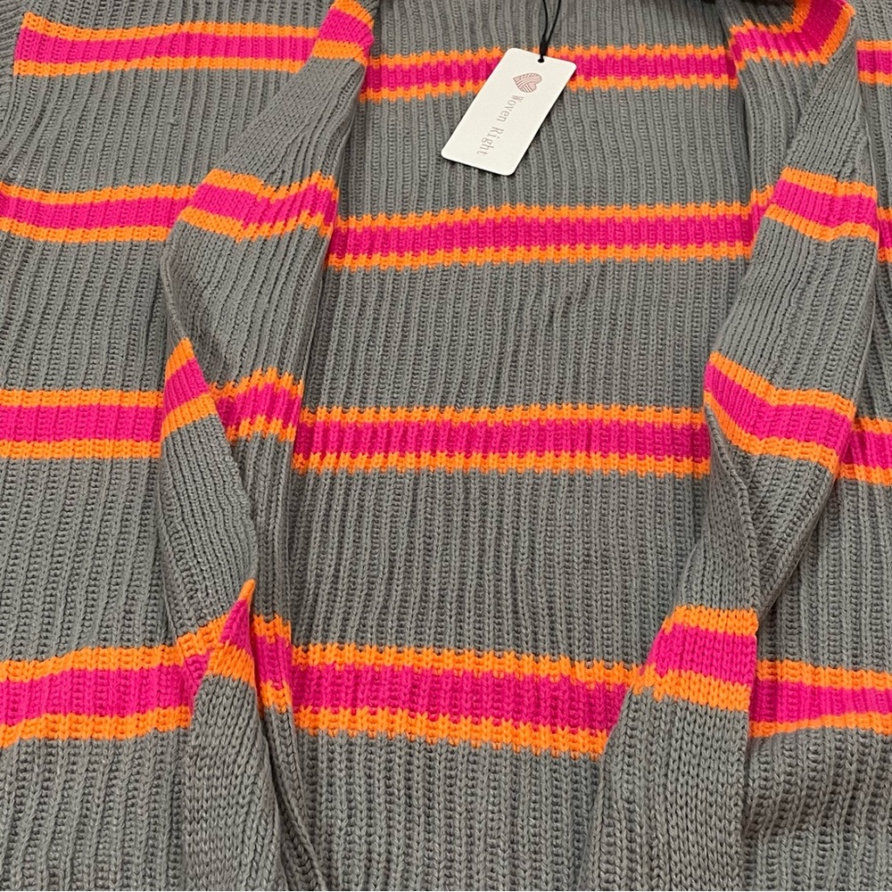 Woven Right Womens Striped Chunky Knit Cardigan Grey Pink Orange Size Medium NWT - Picture 4 of 5